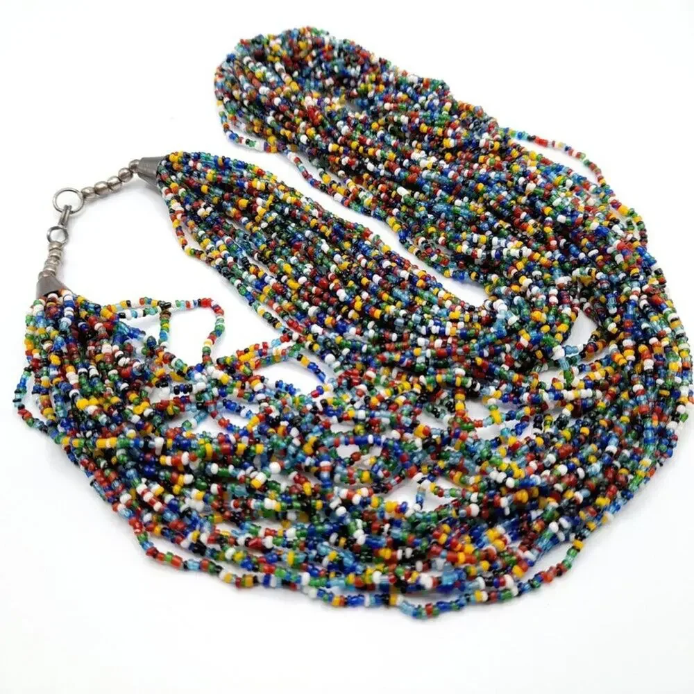 Vintage Multi-strand Glass Bead Necklace, Bohemian 28 Strands, 33 Inches